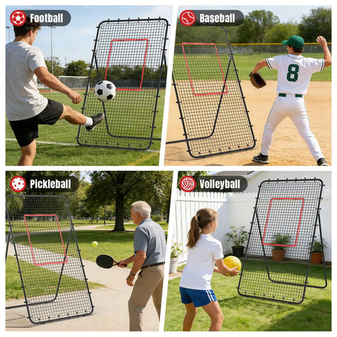 Volleyball Rebounder Net 7x4ft Two Net System with 5 Angle Adjustable Frame for multi-sport use shown in black during practice.