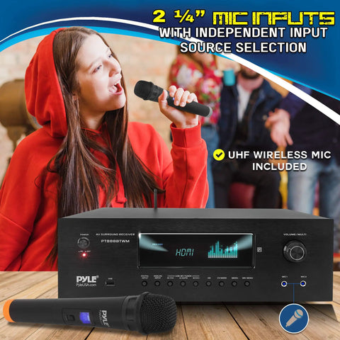 1000W Bluetooth Home Theater Karaoke Receiver With Five Point Two Channel Stereo Amplifier Dual UHF Wireless Mics in use
