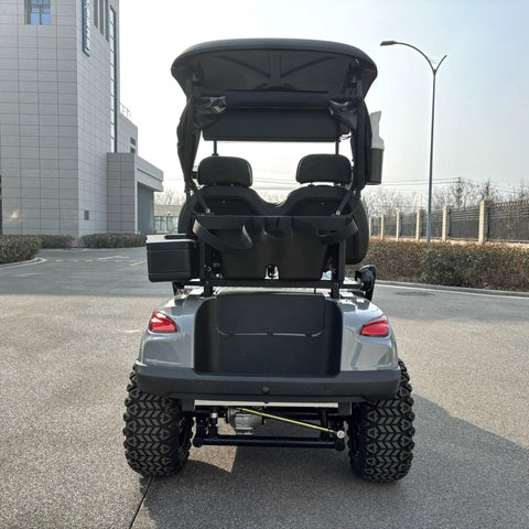 Two Seater Electric Golf Cart With Independent MacPherson Strut Suspension And Tuned Coil Spring Shocks rear view showing seats and suspension system.