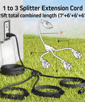 Outdoor Ready 1 To 3 Outlet Splitter Extension Cord, 25 Ft Total, 16 Gauge SJTW, End To End 13 Ft, 3 Prong Plug shown on grass