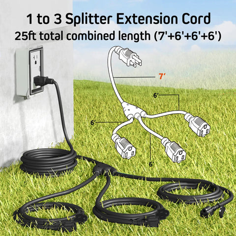 Outdoor Ready 1 To 3 Outlet Splitter Extension Cord, 25 Ft Total, 16 Gauge SJTW, End To End 13 Ft, 3 Prong Plug shown on grass