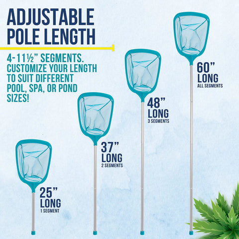 5 Foot Leaf Skimmer Net With 4 Aluminum Pole Sections Ultra Fine Mesh Basket 60 Inch Reach Quick Clean for pool cleaning