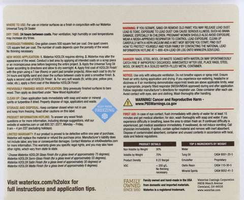 Back label of Water Based Matte Finish Sealer Quart For Wood And Surfaces Nontoxic When Dry Fully Cured 24 Hours Between Coats Made In Ohio