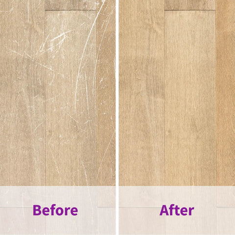 Professional Hardwood Floor Restoration Glaze With Satin Finish 32 Oz shows before and after results on scratched wood flooring.