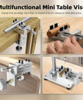 Built Tough Mini Drill Press Vise And C Clamp Desktop Mount With Slick Aluminum Body in action clamped to a wooden edge.