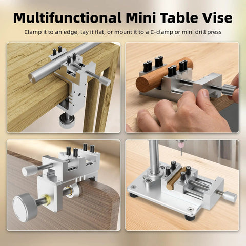 Built Tough Mini Drill Press Vise And C Clamp Desktop Mount With Slick Aluminum Body in action clamped to a wooden edge.