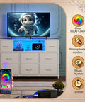 White Dresser TV Stand For 45 To 55 Inch TVs With LED Lighting and 8 Fabric Drawers in a living room setup with smartphone control
