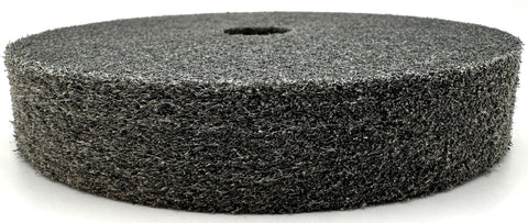 Boss Grade 6 Inch Nylon Fiber Deburring Wheel With 180 Grit Silicon Carbide showing texture for metal polishing.