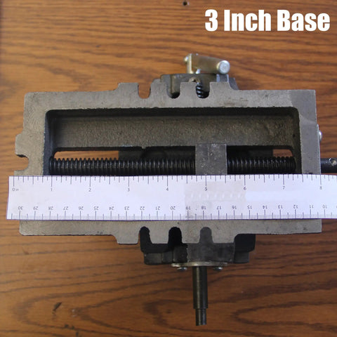 Top view of Three Inch Cross Slide Vise For Drill Press And Milling Projects with base measurement shown by a ruler on wooden surface.