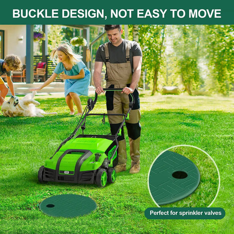 Man mowing lawn next to the 2 Pack Quick Fit Round Sprinkler Valve Box Cover Fits 5.5 Inch ID And 6 Inch OD Round Boxes