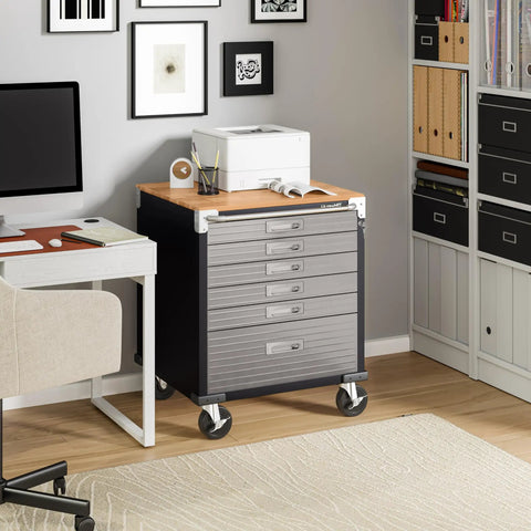 Heavy Duty Rolling Cabinet Workbench With Solid Wood Top, 6-Drawer Soft Close, Graphite Finish in home office setting