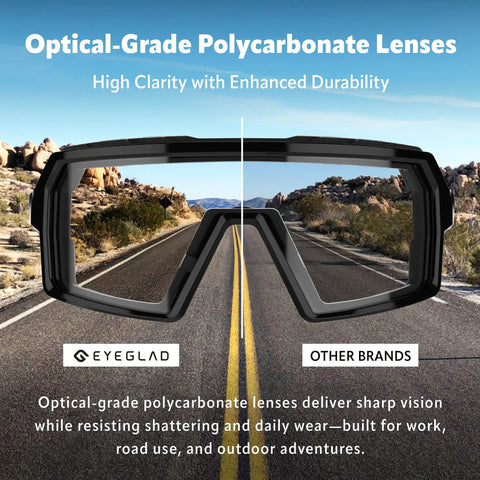 Badass Photochromic Safety Glasses with No Cap Impact Resistance for Cycling and Motorcycle Riding Featuring Rustproof Frames and Lightweight ANSI Z87 Approved Gear That Slaps for Worksite or Outdoor Adventures with optical-grade polycarbonate lenses.