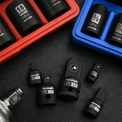 Five Piece Impact Socket Adapter And Reducer Set Cr-V Hardened Chrome Vanadium With Black Phosphate Finish displayed on table