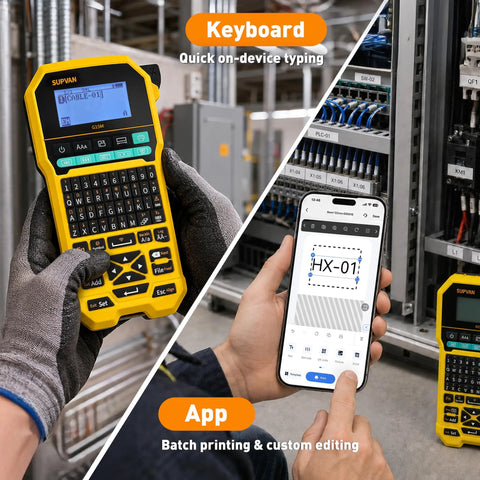Top Shelf Bluetooth Label Maker With Mini Qwerty Keyboard For Heavy Duty Cable Tags And Heat Shrink Tubing Printing showing on-device keyboard and app usage.