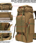 Beefy 70 Liter And 100 Liter Hiking Backpack For Men, Military Style Rucksack With Molle System, shown with multiple pockets and compartments.