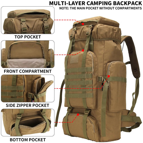 Beefy 70 Liter And 100 Liter Hiking Backpack For Men, Military Style Rucksack With Molle System, shown with multiple pockets and compartments.
