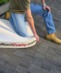 Heavy Duty Roofing Cushion With Killer Traction And Heat Blocking Kneeler Mat For Hardworking Roofer Crew in use on shingles.