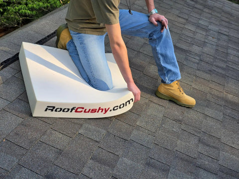 Heavy Duty Roofing Cushion With Killer Traction And Heat Blocking Kneeler Mat For Hardworking Roofer Crew in use on shingles.