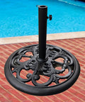 Heavy Duty 30 Pound Cast Iron Umbrella Base With Black Powder Coat, 20 Inch Diameter, Euro Deco Pattern, Outdoor Patio Stand