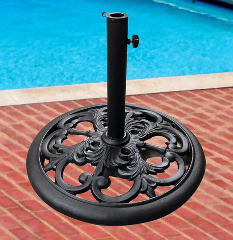 Heavy Duty 30 Pound Cast Iron Umbrella Base With Black Powder Coat, 20 Inch Diameter, Euro Deco Pattern, Outdoor Patio Stand