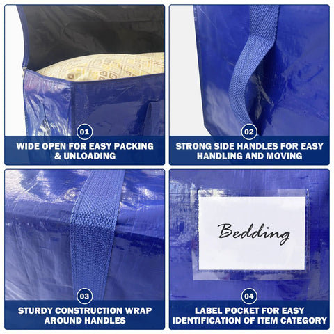 8 Pack Heavy Duty Large Moving Bags With Tough Zippers And Built In Carry Handles For Easy Heavy Lifting, Sturdy Clothes Storage Totes And Bins, Packing Bags For Moving Or College Dorms, Dark Blue 24 Gallon