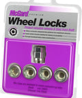 Heavy Duty Cone Seat Wheel Locks M12 X 1.5 Thread Set Of 4 Silver in packaging for securing vehicles from theft.