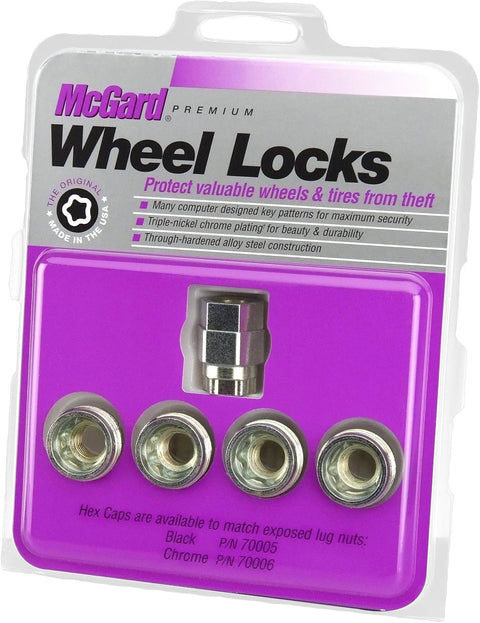 Heavy Duty Cone Seat Wheel Locks M12 X 1.5 Thread Set Of 4 Silver in packaging for securing vehicles from theft.