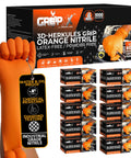 Kickass Heavy Duty 8 Mil Orange Nitrile Gloves With Diamond Textured Grip, Latex And Powder Free For Industrial Mechanic Shops, Ultra Thick Chemical Resistant Protection, 10 Pack Large displayed with packing and features