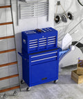 Badass 8 Drawer Rolling Tool Chest Modular Detachable Design Heavy Duty Workhorse For Garage Shop And Mechanic in blue color with tools on top.
