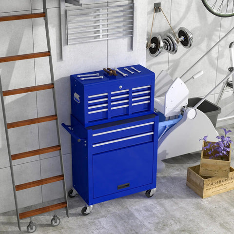 Badass 8 Drawer Rolling Tool Chest Modular Detachable Design Heavy Duty Workhorse For Garage Shop And Mechanic in blue color with tools on top.