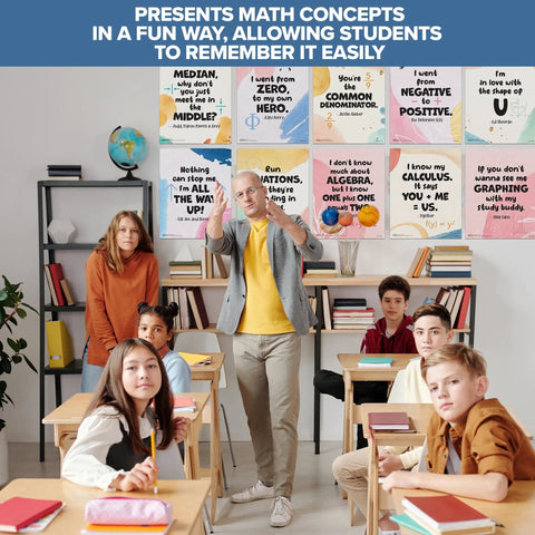 High school classroom with students and teacher, featuring 16 Funny Math Posters For High School Classrooms 11x14 Decor on wall.