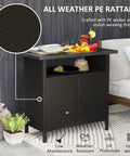 Wicker Outdoor Storage Cabinet With Rattan Bar Table And Two Doors, Open Shelf, 46.6 Gallon Enclosed Storage, Weatherproof Poolside Buffet Console With A Metal Slatted Countertop For Patio Backyard Dark Coffee Finish in patio setting.