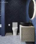 Bathroom with Sublime Round Vessel Sink In Matte Black With Above Counter Installation on wooden vanity, modern style.
