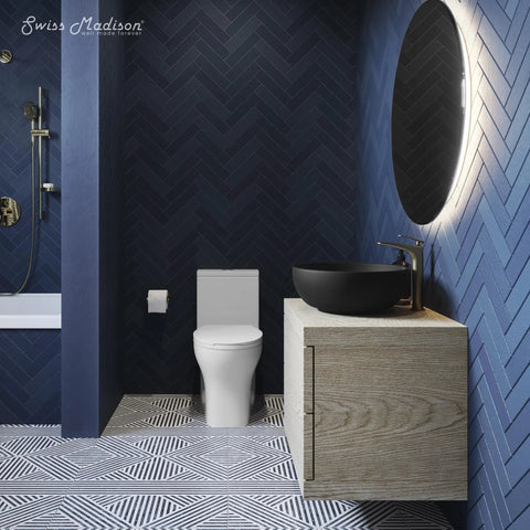 Bathroom with Sublime Round Vessel Sink In Matte Black With Above Counter Installation on wooden vanity, modern style.