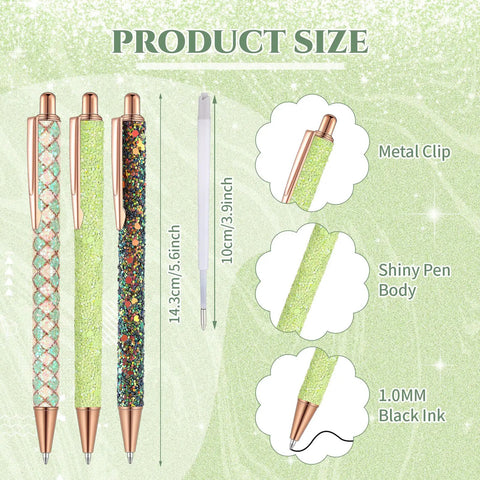 Three pens from Seven Glitter Pens Set For Women With Ten Black Ink Refills Cute Sparkly Ballpoint Pens In Seven Designs