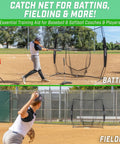 7 Foot By 7 Foot Baseball And Softball Practice Net For Hitting And Pitching Indoors Or Outdoors In Team Colors Durable Backstop Net For Batting Pitching Fielding Drills And Warmups with player practicing batting and fielding on a field.
