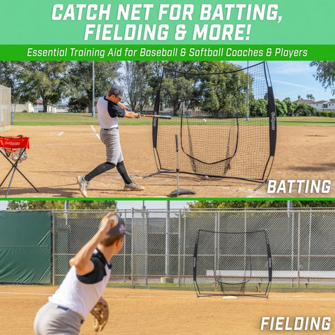 7 Foot By 7 Foot Baseball And Softball Practice Net For Hitting And Pitching Indoors Or Outdoors In Team Colors Durable Backstop Net For Batting Pitching Fielding Drills And Warmups with player practicing batting and fielding on a field.