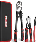 RIZOM 3-piece bolt cutter set with case: 14-inch bolt cutter, 8-inch mini bolt cutter, 8-inch wire cutter.