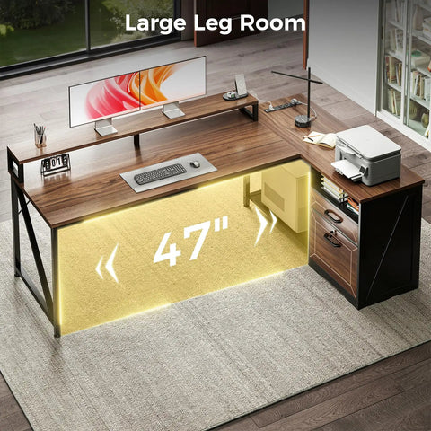 L Shaped Desk With Wood Drawers And Locking File Cabinet, 61 Inch Corner Office Desk With Power Outlet, LED Monitor Stand.