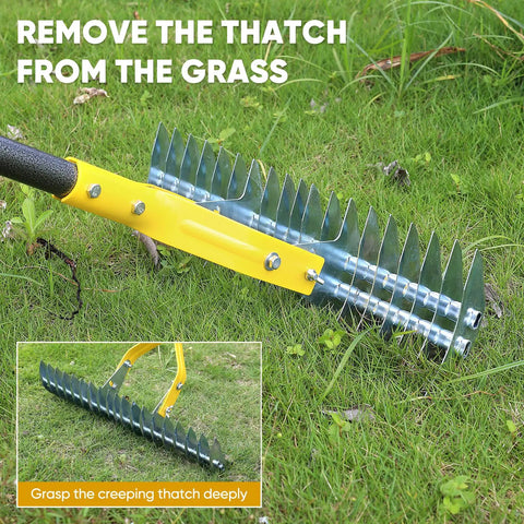 15 Inch Steel Lawn Dethatcher With Handle Heavy Duty Rake For Thatch Removal And Soil Aeration on green grass