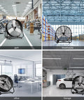 Beast Mode 30 Inch Industrial Drum Fan With 14000 CFM High Velocity Air 360 Degree Tilt in gym, warehouse, office, garage