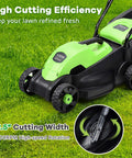 Power Through Your Yard With This 12.5 Amp 1200W Corded 13 Inch Push Lawn Mower That Cuts Clean, Tames Thick Grass, And Starts Easy, A Lightweight Green Machine Built For Quick, No Fuss Yard Maintenance., green 13-inch corded push lawn mower on grass with 1200W motor and 12.5-inch cutting width