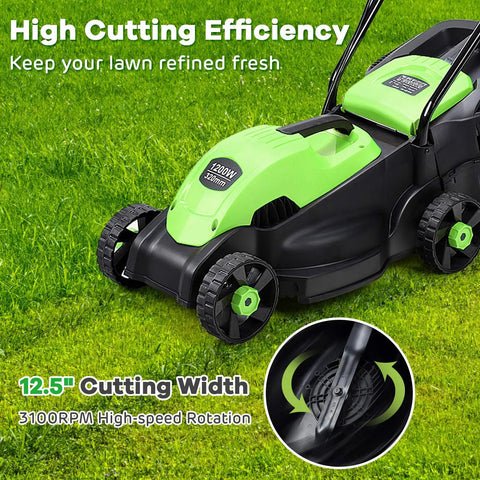 Power Through Your Yard With This 12.5 Amp 1200W Corded 13 Inch Push Lawn Mower That Cuts Clean, Tames Thick Grass, And Starts Easy, A Lightweight Green Machine Built For Quick, No Fuss Yard Maintenance., green 13-inch corded push lawn mower on grass with 1200W motor and 12.5-inch cutting width