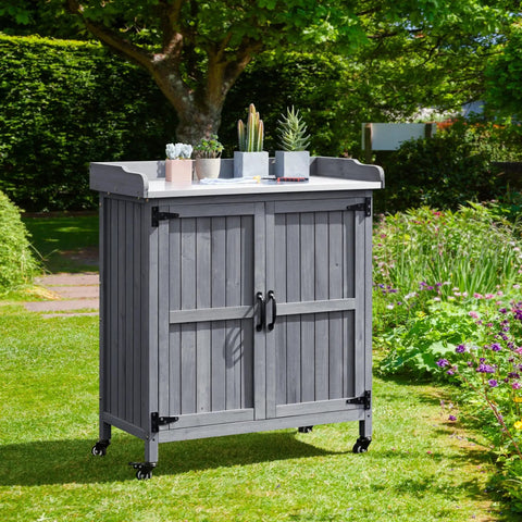 Mobile Outdoor Potting Bench Table With Castors On Wheels Solid Wood Workstation And Large Storage Cabinet Durable Metal Top Garden Station Gray