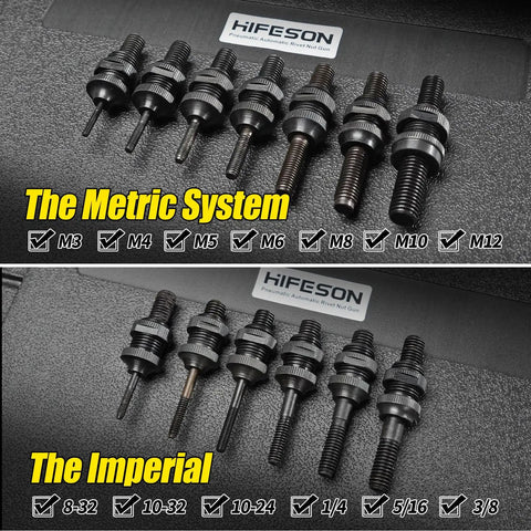 Hifeson Heavy Duty Air Hydraulic Rivet Nut Tool With Pneumatic Automatic Riveter Gun and 13 Piece Nose-Kit for Metric SAE Sizes showing metric and imperial nose pieces