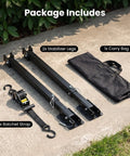 Package includes of Heavy Duty Aluminum RV Anti-Wobble Stabilizer with 2 stabilizer legs, ratchet strap, and carry bag