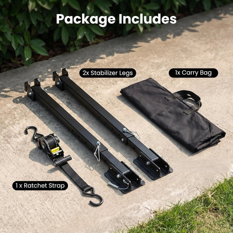Package includes of Heavy Duty Aluminum RV Anti-Wobble Stabilizer with 2 stabilizer legs, ratchet strap, and carry bag