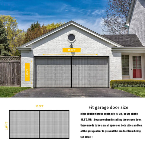 Ready-To-Install Magnetic Garage Screen For Double Car Doors, 16x7 Ft Reinforced Fiberglass Mesh With Full-Frame Tape Seam
