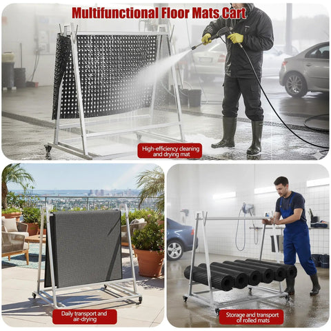 Open Style Mobile Floor Mat Transporter Cart with wheels shown in use for cleaning, air-drying, and transporting in various settings.
