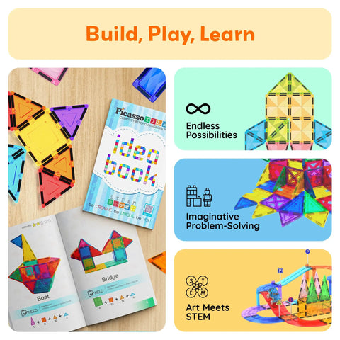 Magnetic Tile Idea Book With 300 Builds, 230 Page Illustrated Guide For Kids Ages 3 And Up, Includes Magnet Race Tracks And Marble Runs To Boost Creative Stem Play And Colorful Tile Creations, illustrated book with magnetic tiles